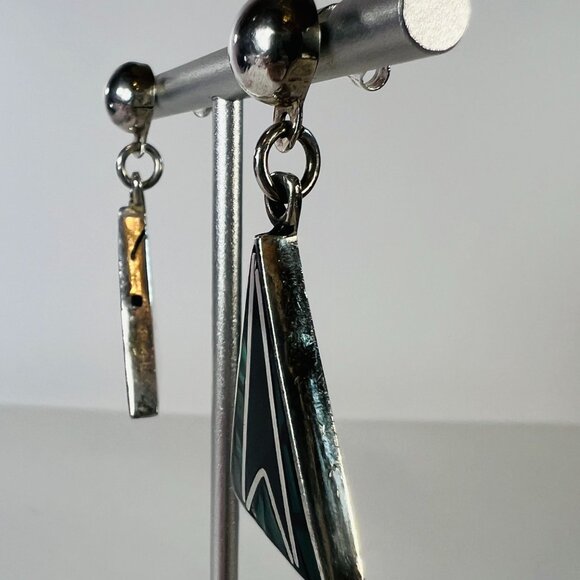 Vtg 925 Silver Crushed Malachite Onyx Inlay Triangle Drop Dangle Earrings Mexico - Picture 7 of 9